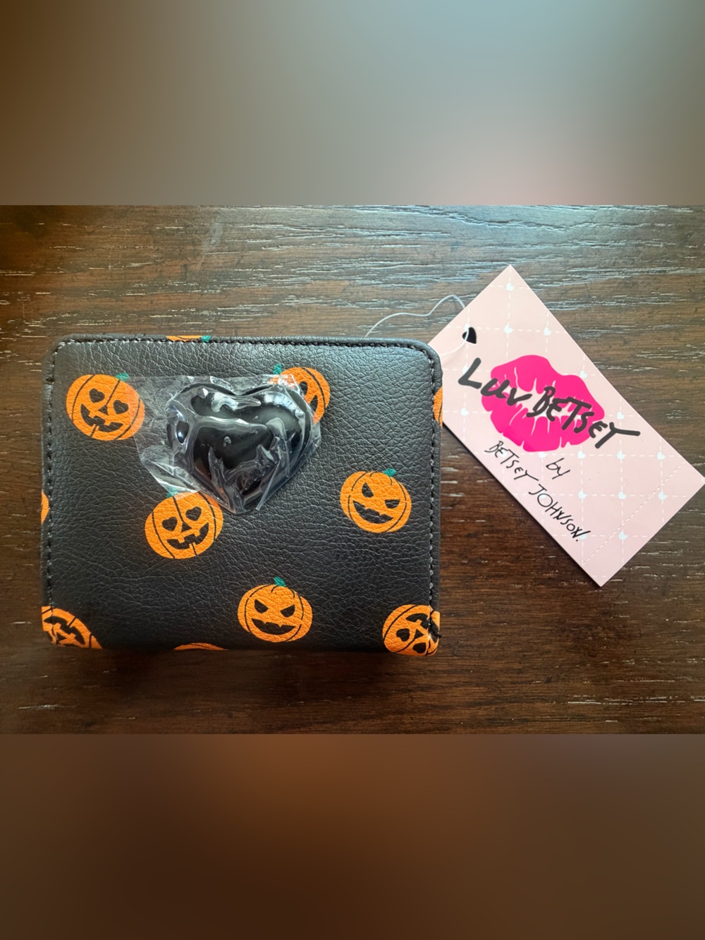 Betsey Johnson Black Card Wallet with Orange Pumpkin Print